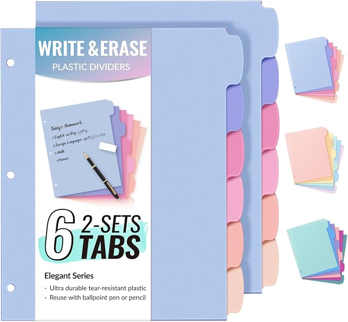 Sooez 6-Tab Durable Plastic Write & Erase Big Tab Dividers by Sooez