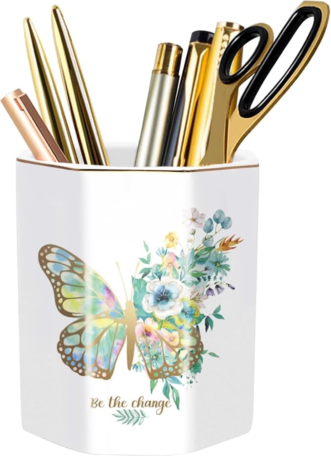 Pencil Pen Holder for Desk, Ceramic Cute Makeup Brush Holder, Desktop Supplies by WAVEYU