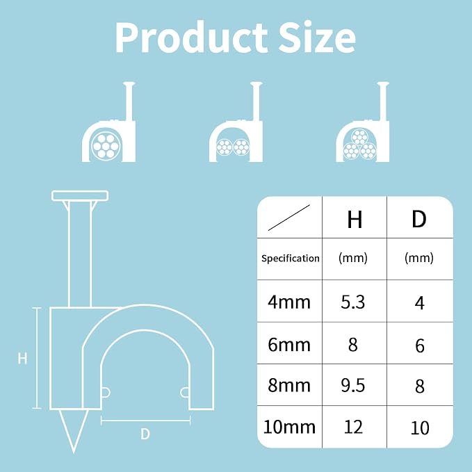 Abnii Cable Clips, 4mm 6mm 8mm 10mm, Wire Wall Clips - Image 2