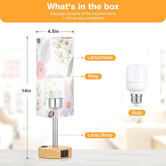 Fenmzee Floral Touch Lamp for Bedroom- 3 Way Dimmable Bedside Lamp USB C A - Image 5