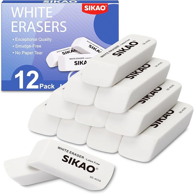 White Erasers, 12 Pack Pencil Erasers | Latex-Free & Smudge-Free Beveled Rubber by Sikao