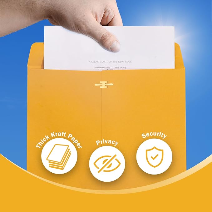 20 Pack Clasp Envelopes 9 x 12, 100 GSM Heavy Paper, Goefun Large Yellow - Image 4