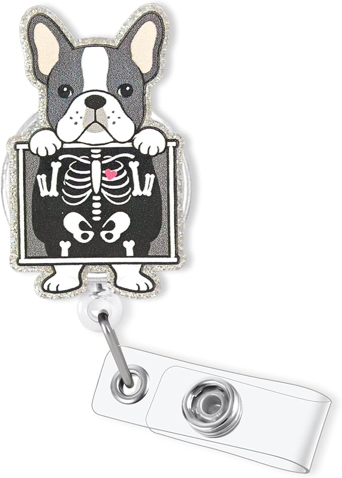 French Bulldog X-Ray Badge Reel Retractable, Funny Glitter Radiology Tech Badge by Bydevia