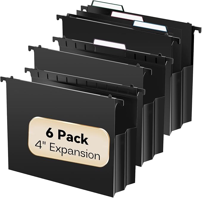 Plastic Extra Capacity Hanging File Folders, 6 Pack Heavy Duty 4" Expandable by NORDUN