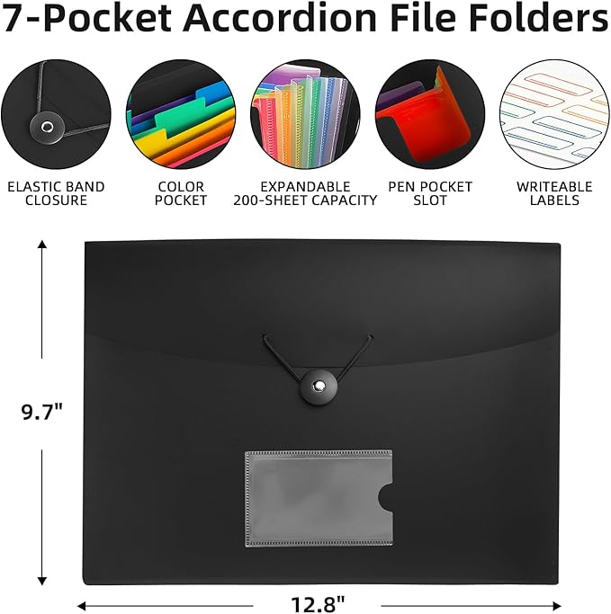 3 Pack 7 Pocket Accordian File Organizer, Expanding File Folder - Image 2