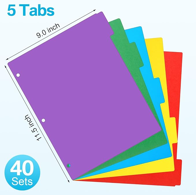 Thenshop 40 Sets/200 Pack Binder Dividers, Letter Size 9 X11.5 Inch 5 Tab - Image 2