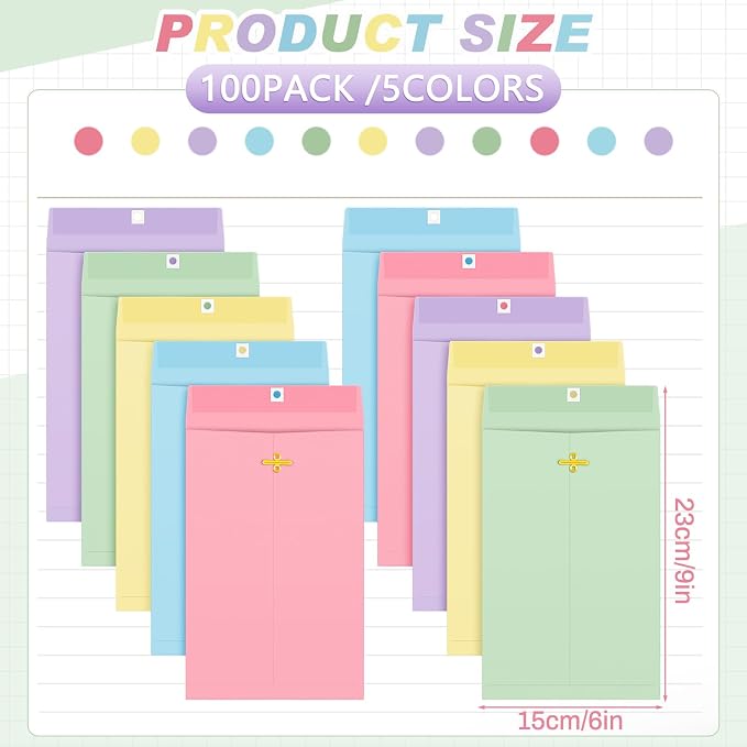 Geyee 100 Pcs Clasp Manilla Envelopes 6 x 9 Inch Gummed Colored Envelopes - Image 2