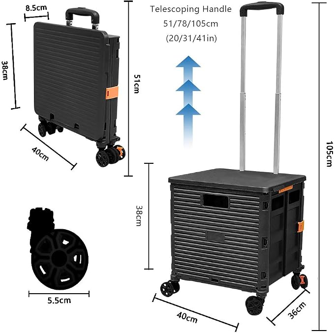 FELICON SELORSS Foldable Utility Cart Folding Portable Rolling Crate-Black | - Image 7