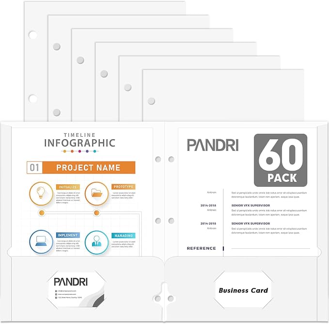 Two Pocket Portfolio Folders, PANDRI 60 Pack 3 Hole Punched 2 Pocket Folders by PANDRI