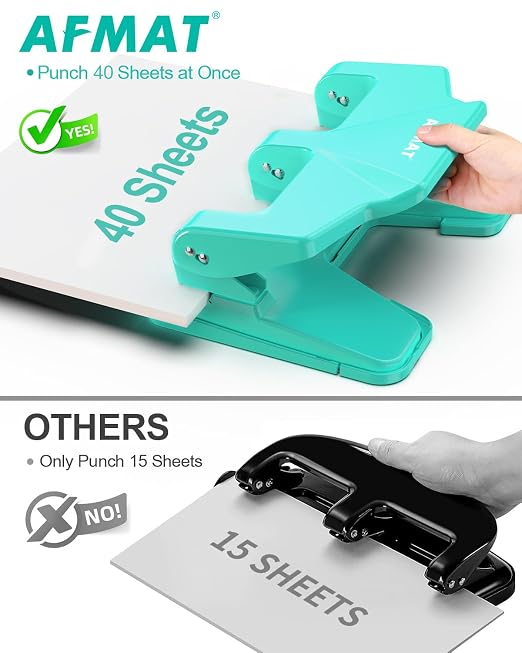 AFMAT 3 Hole Punch Heavy Duty, 40-Sheet Three Hole Punch, 50% Reduced Effort - Image 2