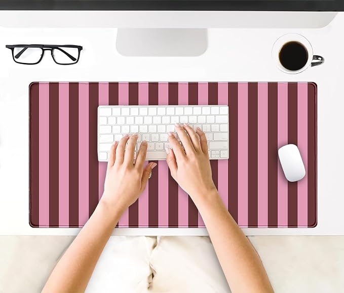 Pink and Burgundy Striped Desk Mat Cute Pastel XXL Large Gaming Mouse Pad Desk - Image 4