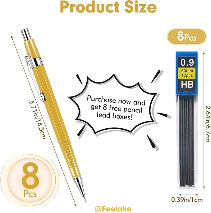 8 PCS Metal Mechanical Pencil, Durable 0.9mm Drafting Pencil, Comes - Image 2