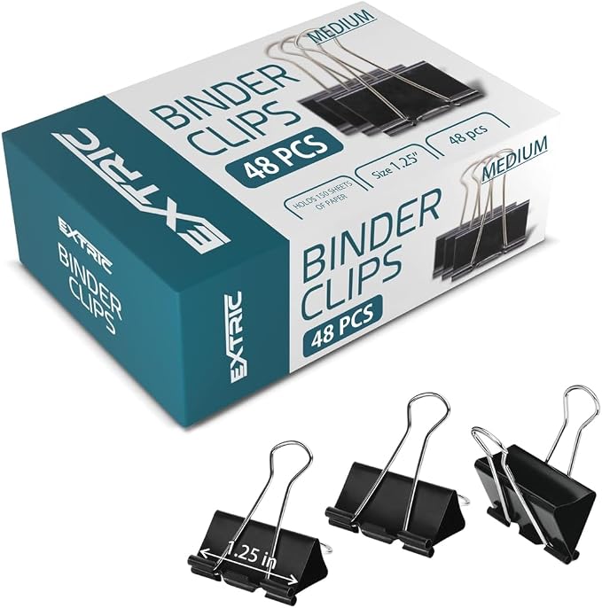 Binder Clips - 48 Medium Binder Clips, 1.25 Inch Black Paper Clamps, File Clip by EXTRIC