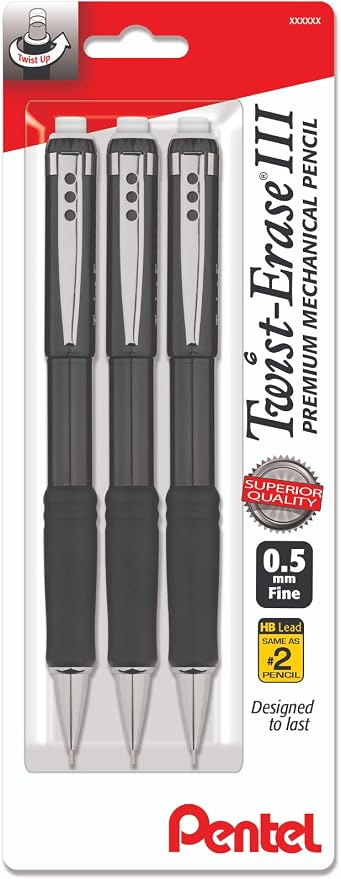 Pentel Mechanical Pencil 0.5 mm Twist Erase III, Twist Up Eraser, Pre-Loaded by PentelofAmerica