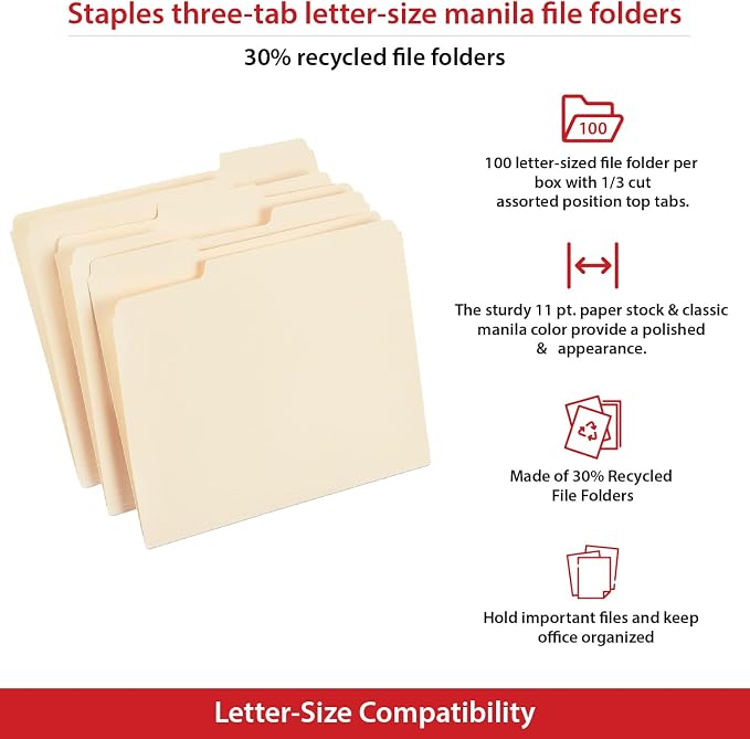 Staples File Folders, Letter Size, 1/3‑Cut Tabs, Durable Paper Stock - Image 4