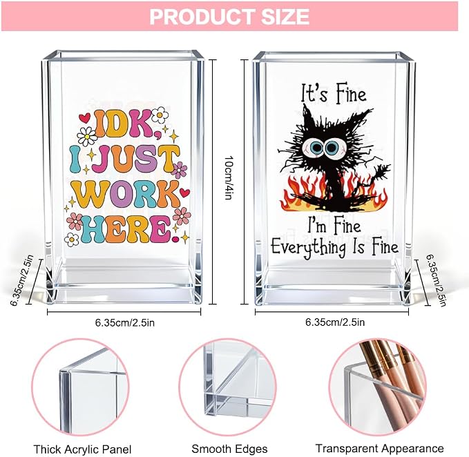 Funny Black Cat Work 2 Pack Acrylic Cosmetic Pencil Pen Holder Cup, Cute Office - Image 2