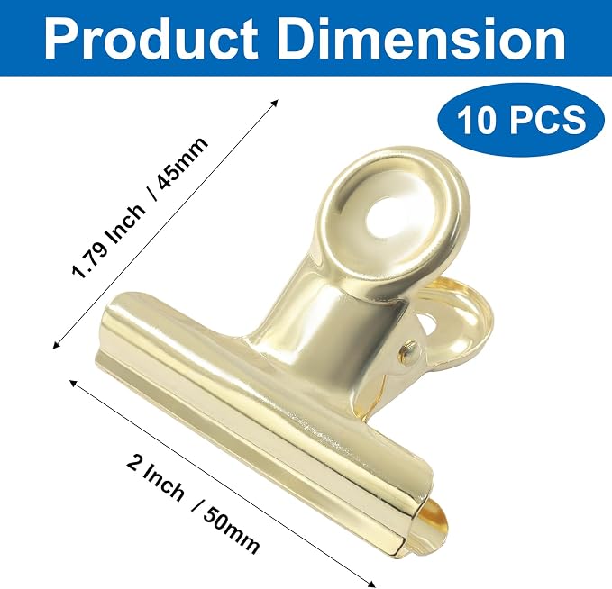 10 Pack Antique Gold Bulldog Clips - 50mm Small Metal Paper Clips Clamps - Image 3