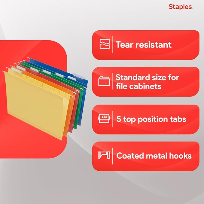 Staples Hanging File Folders, Letter Size, 1/5‑Cut Tabs, Adjustable Tabs - Image 4