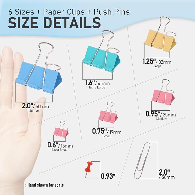 408 PCS Binder Clips Paper Clamps Assorted Sizes and Push Pins, Binding - Image 8