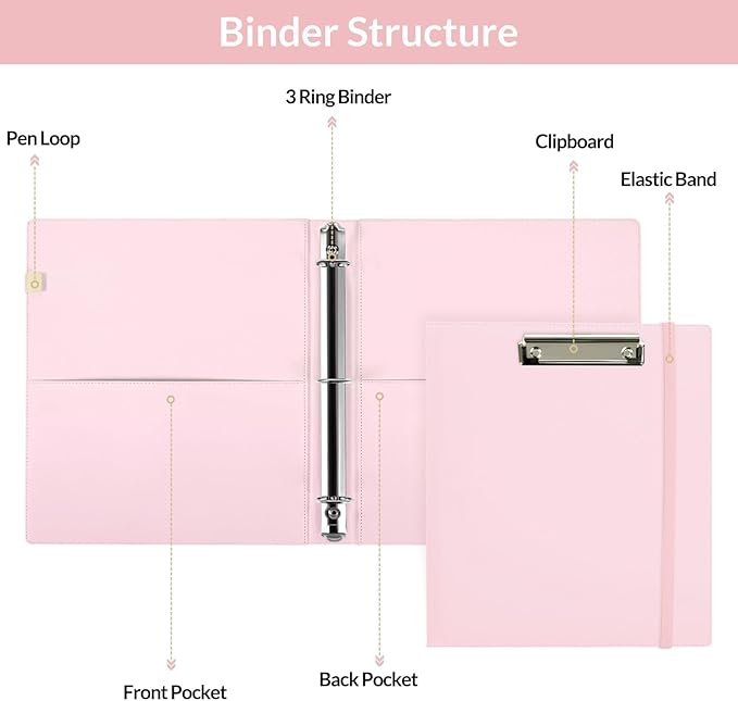SKYDUE 3 Ring Binder with Clipboard, 13.2" × 10.2" Faux Leather 1 Inch Binder - Image 5