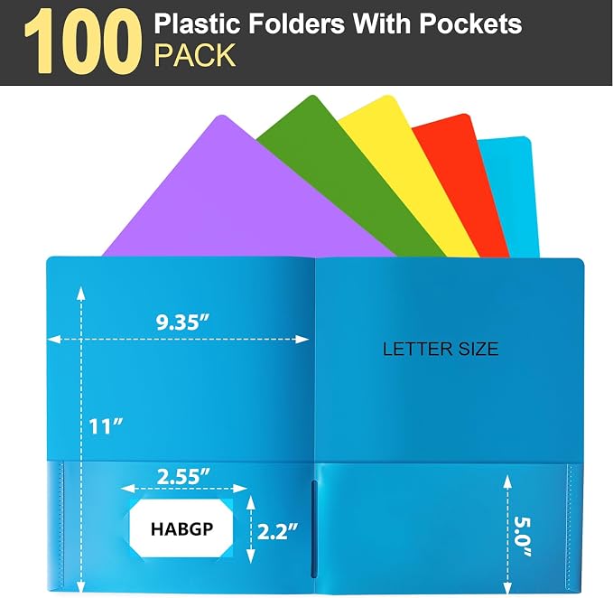 HABGP 100 Folders with Pockets, 5 Color Heavy Duty Plastic Two Pocket Folder - Image 2