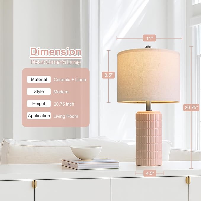 PoKat 20.75" Pink Ceramic Table Lamps Set of 2, Small Modern Bedroom Lamps - Image 2