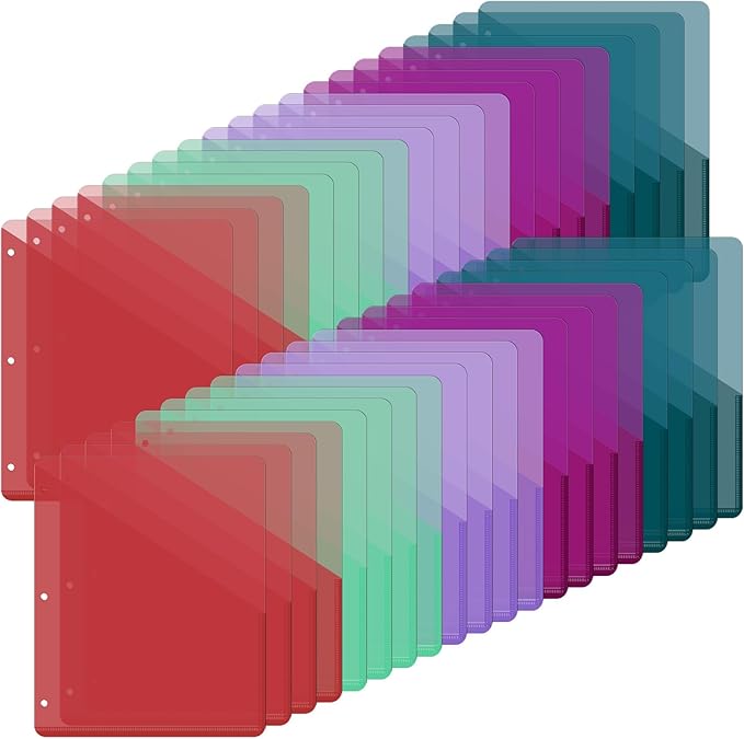 Maitys 50 Pack Binder Pockets 3 Hole Punch Clear Plastic Document Folders by Maitys
