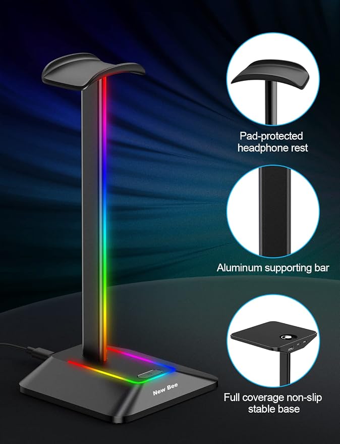 New Bee Headphone Stand with RGB Lighting, Sturdy Aluminum Gaming Headset - Image 4