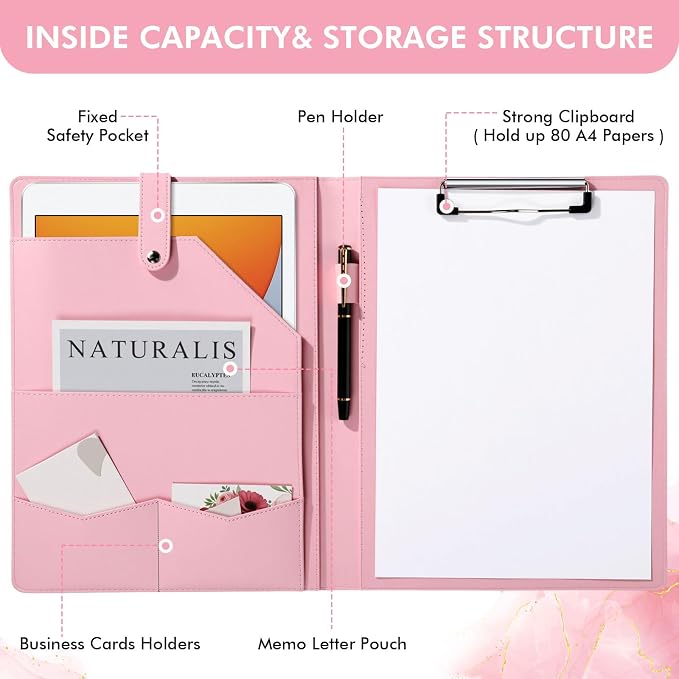 Marspark Pink Padfolio with Clipboard Folder Binder Pad Holder PU Leather - Image 3