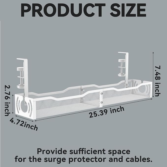 Cable Management, 25.3'' Under Desk Cable Management Tray No Drill, Metal Cable - Image 5