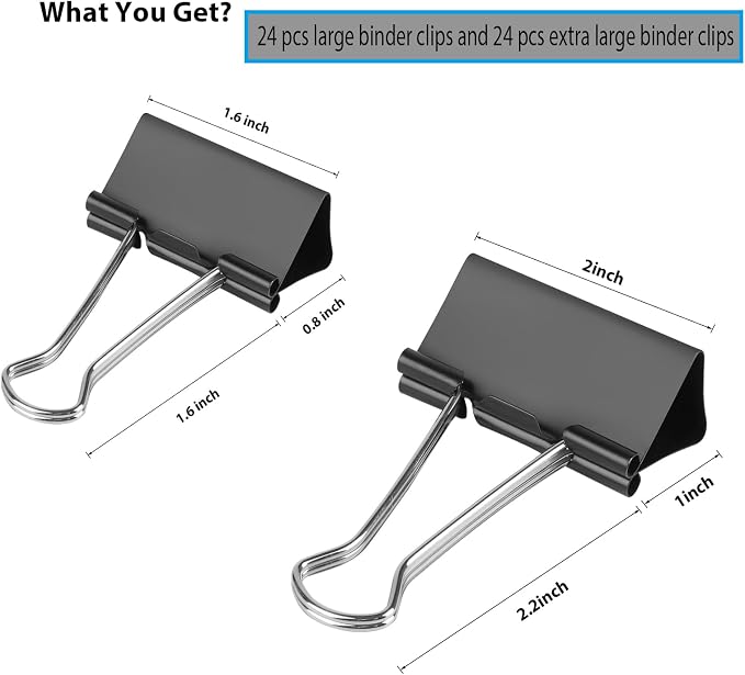 48 Pcs Large and Extra Large Binder Clips, 2 Inch Length and 1.6 Inch Length - Image 2