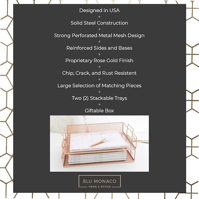 BLU MONACO | Rose Gold Mesh Paper Tray Set of 2 | Stackable Letter Trays - Image 3