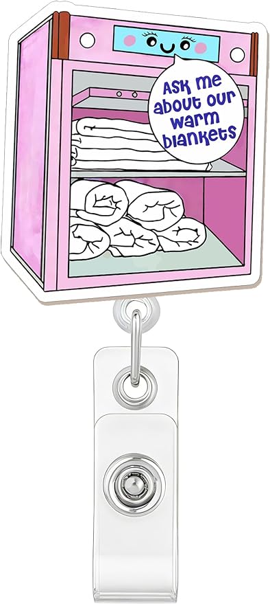 Funny Nurse Badge Reel, Ask Me About Our Warm Blankets by JAROLYDIAN