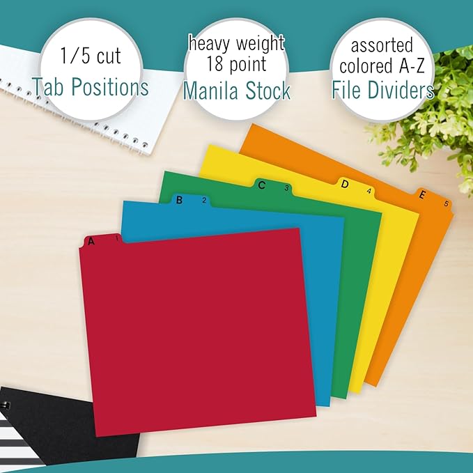 EXTRIC Alphabetical File Organizer 25 File Cabinet Dividers A-Z, 5 Colors | A-Z - Image 2