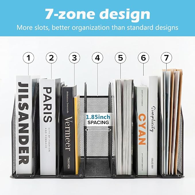 7-Section Vertical Mesh File Sorter, Metal Paper Holder - Image 3