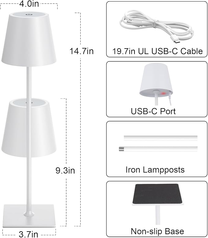 Kakanuo White Gold Cordless Rechargeable Table Lamp 5000mAh Battery Operated - Image 5