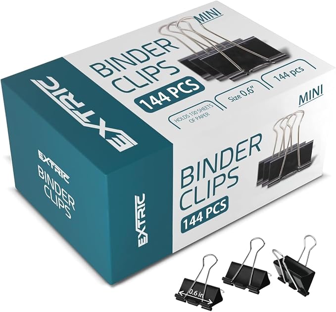 Binder Clips - 144 Mini Binder Clips, 0.6 Inch Black Paper Clamps, File Clip by EXTRIC