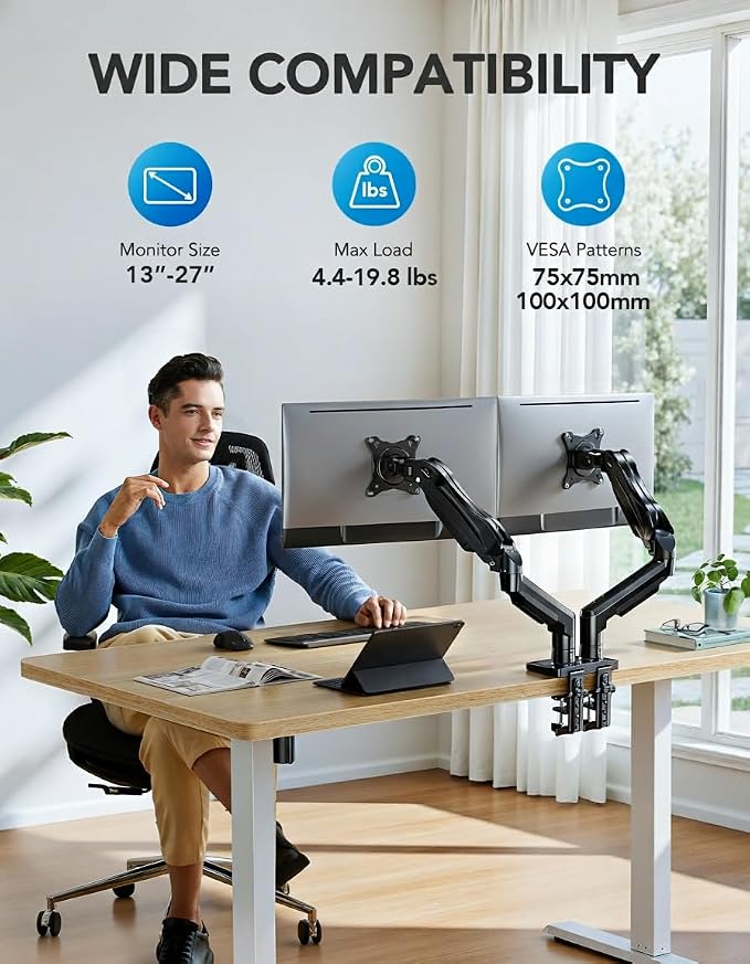 HUANUO Dual Monitor Stand, Fully Adjustable Gaming Monitor Desk Mount - Image 2