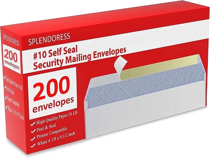 #10 Envelopes Letter Size Self Seal | 200 Business Mailing Security Peel and by Splendoress