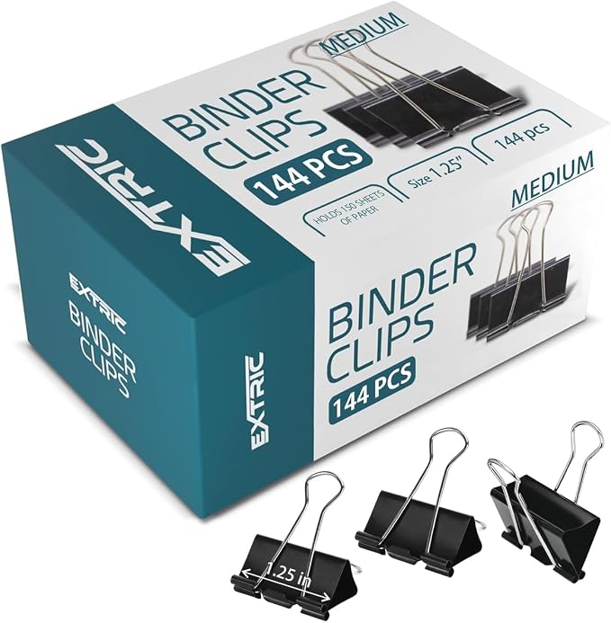 Binder Clips - 144 Medium Binder Clips, 1.25 Inch Black Paper Clamps, File Clip by EXTRIC