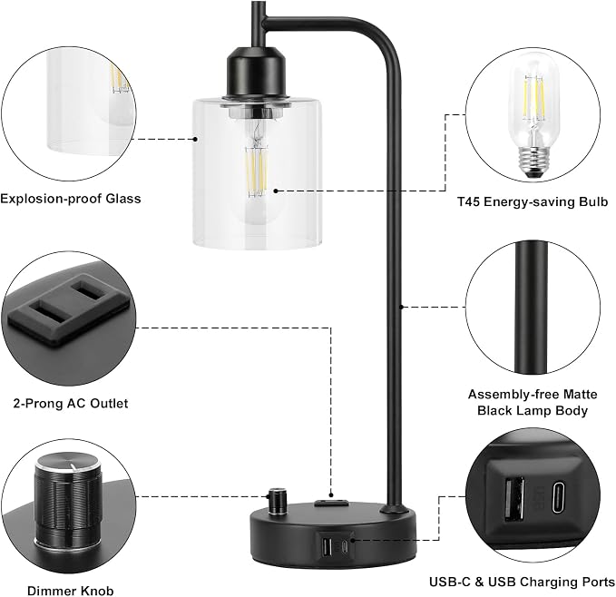 Industrial Nightstand Lamps for Bedrooms Set of 2 - Image 5