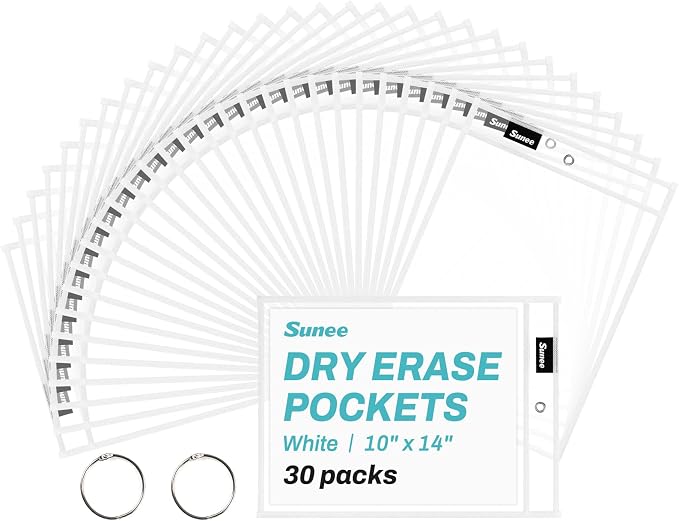 SUNEE 30 Packs Oversized Reusable Dry Erase Pocket Sleeves by SUNEE