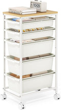 Slim Rolling Storage Cart with 5 Drawers, Craft Organizer, Wooden Tabletop by KINGBOARD