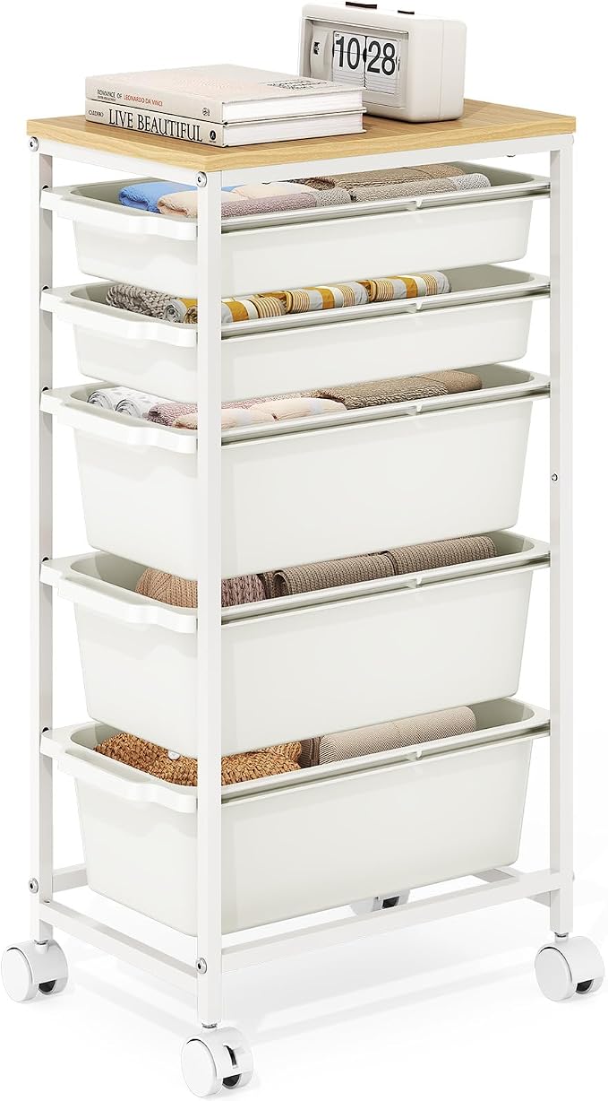 Slim Rolling Storage Cart with 5 Drawers, Craft Organizer, Wooden Tabletop by KINGBOARD