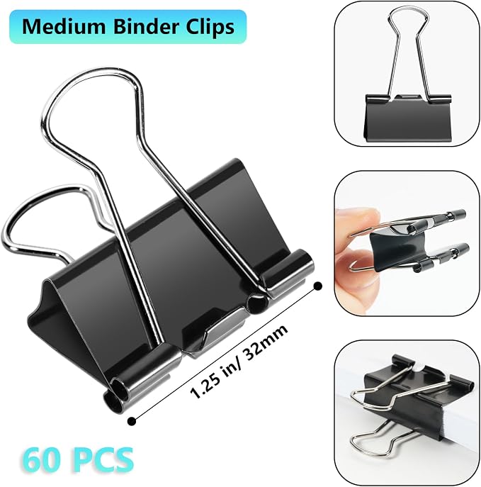60PCS Medium Binder Clips, 1-1/4 Inch, Metal Paper Clamps - Image 2