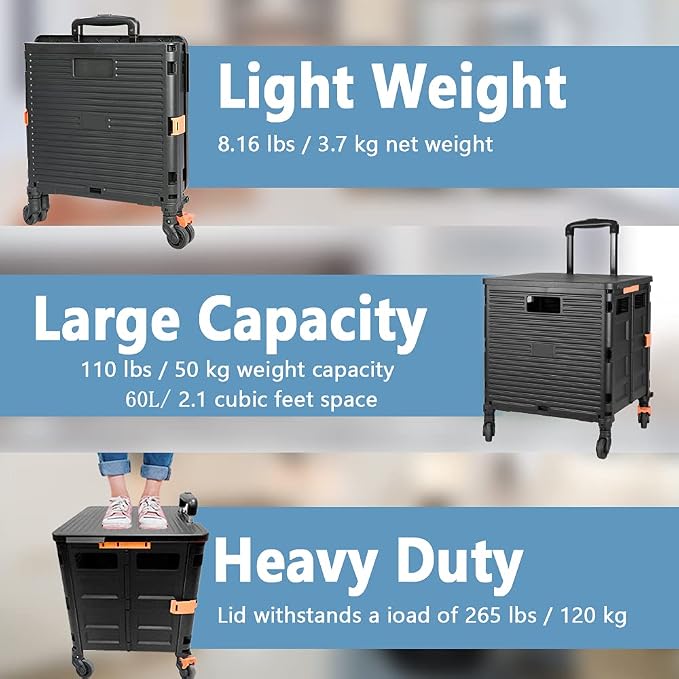 FELICON SELORSS Foldable Utility Cart Folding Portable Rolling Crate-Black | - Image 3