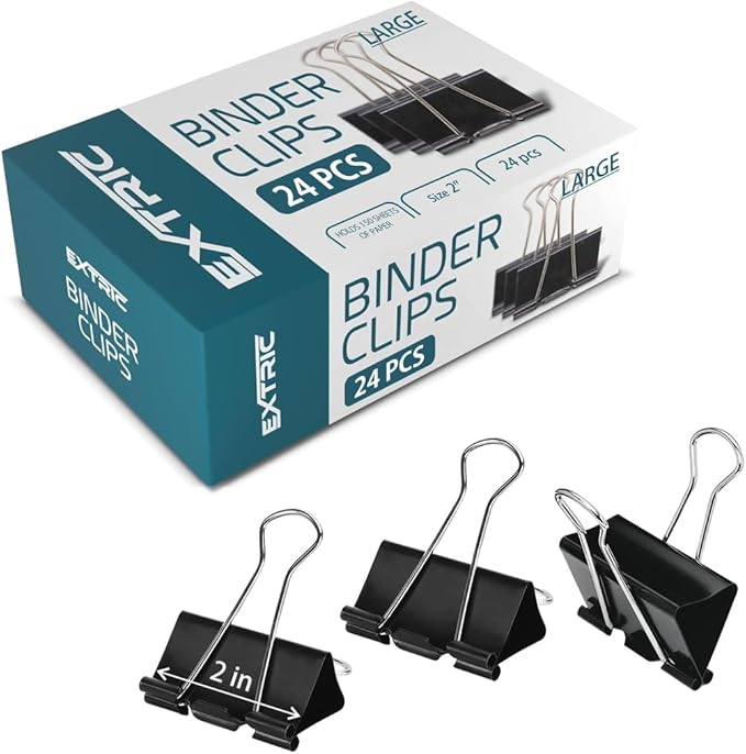 Binder Clips - 24 Pack Large Black Paper Clamps, 2 Inch, Holds 200+ Pages by EXTRIC