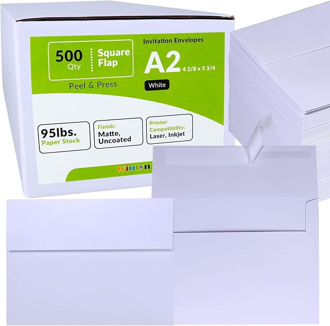 500 Pcs Bulk A2 Invitation Envelopes in White Peel & Press Self Seal 4 3/8 x 5 by Winlyn
