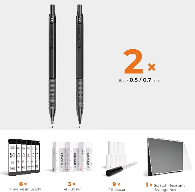 Four Candies 2PCS 0.5mm & 0.7 mm Metal Mechanical Pencils Set, 12 Erasers - Image 6