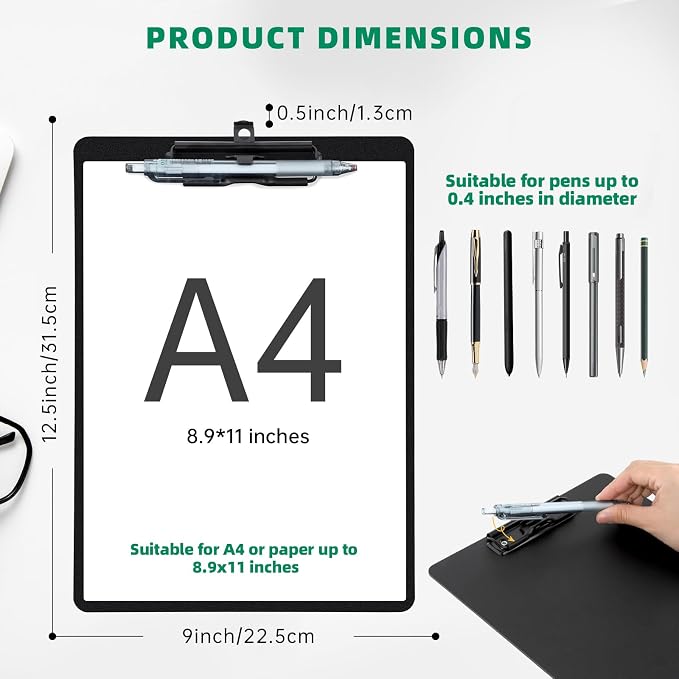 FRETONBA Black Clipboard with Pen Holder, 2 Pack Plastic Clipboard with Low - Image 2